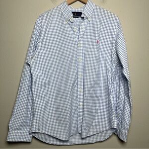 Ralph Lauren Men Button‎ Down Shirt XL White Blue Windowpane Plaid Long Sleeve